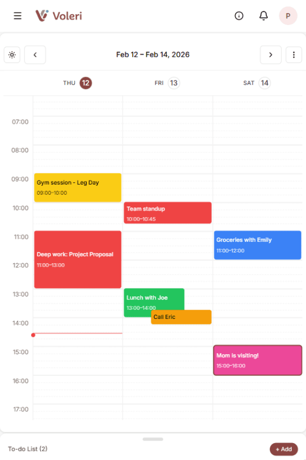 Voleri Planner module showing a 3-day calendar view with color-coded tasks and time blocks