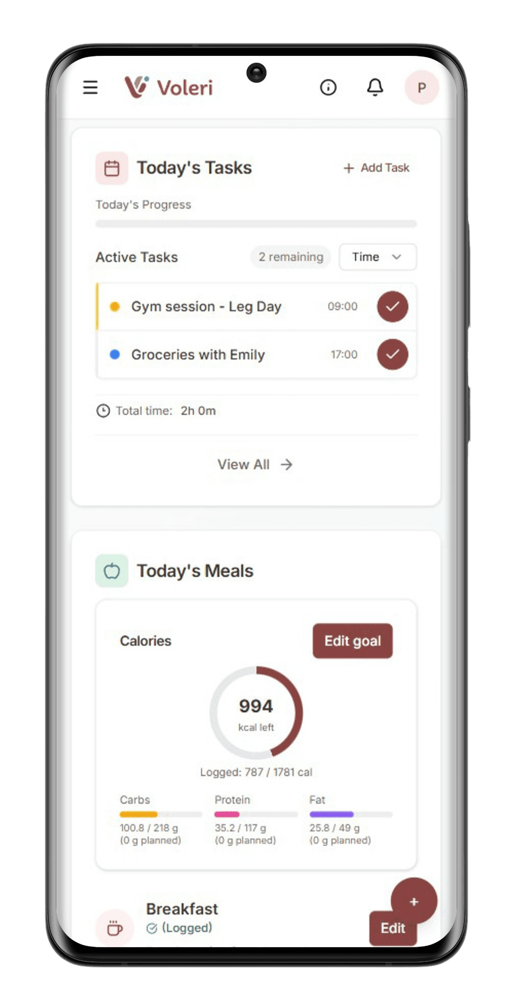 Voleri app interface showing today's tasks, meals, and progress on a phone
